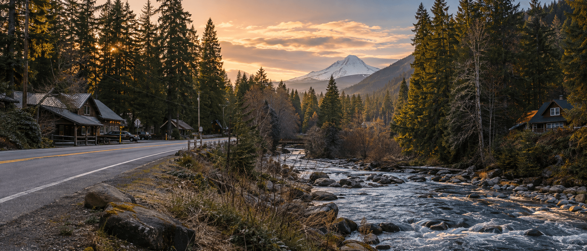The Mt Hood corridor near Brightwood with the Sandy River and the mountain at sunset.