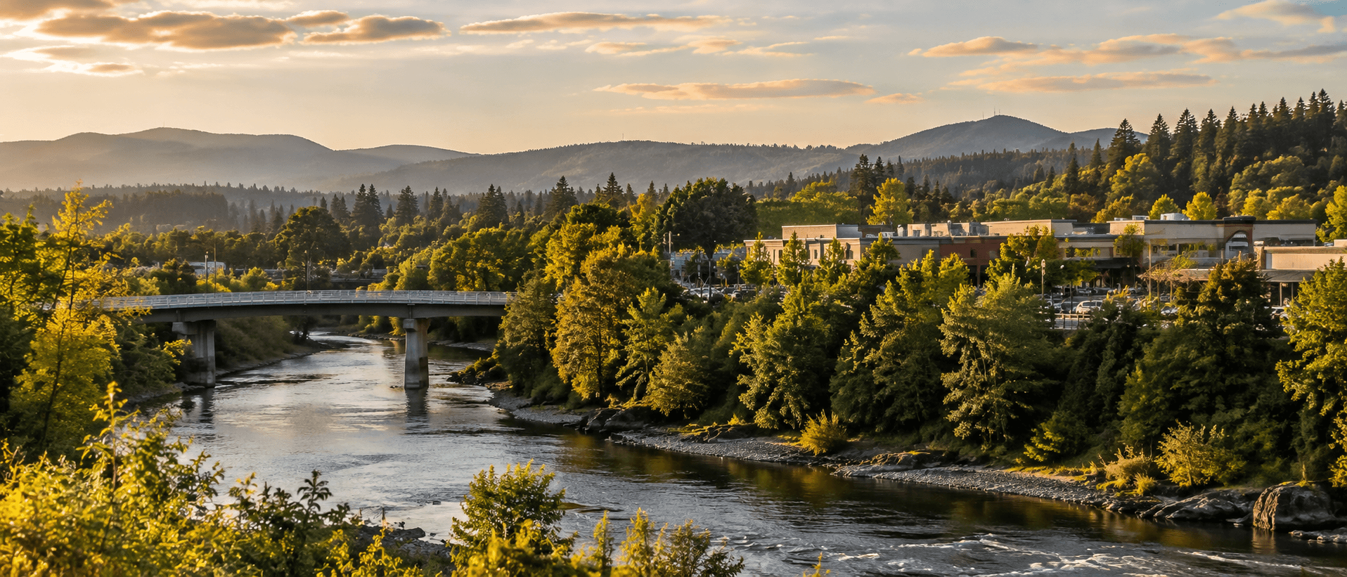 The Clackamas River corridor at sunset with the town center and foothills behind.