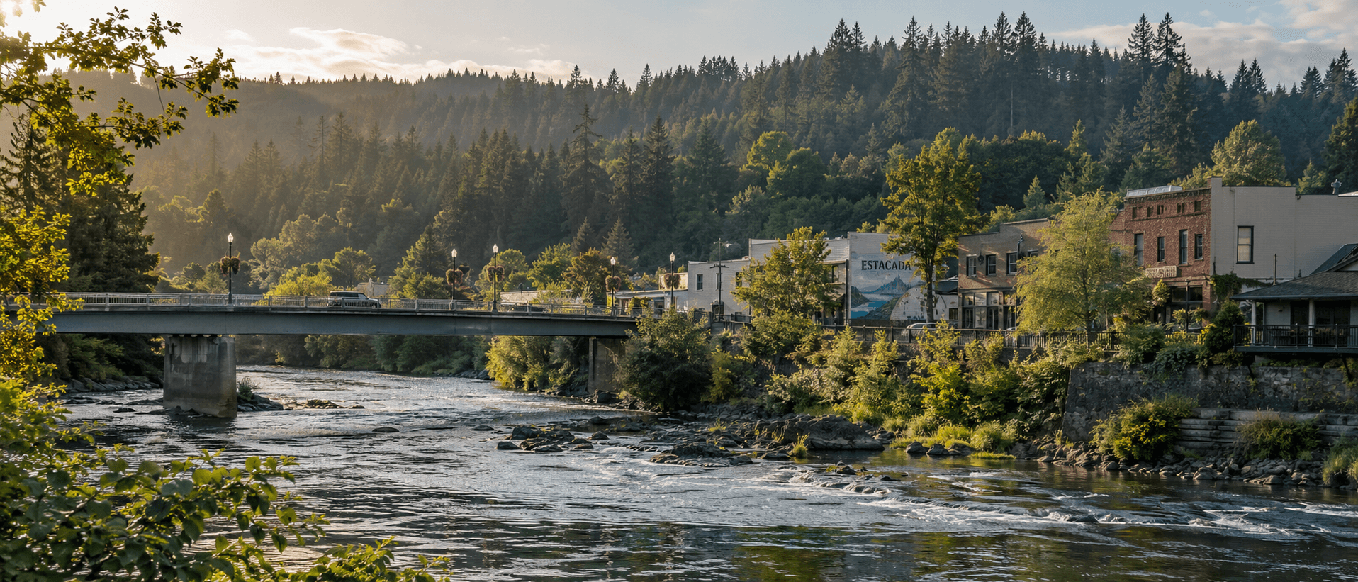 Downtown Estacada and the Clackamas River bridge at golden hour.