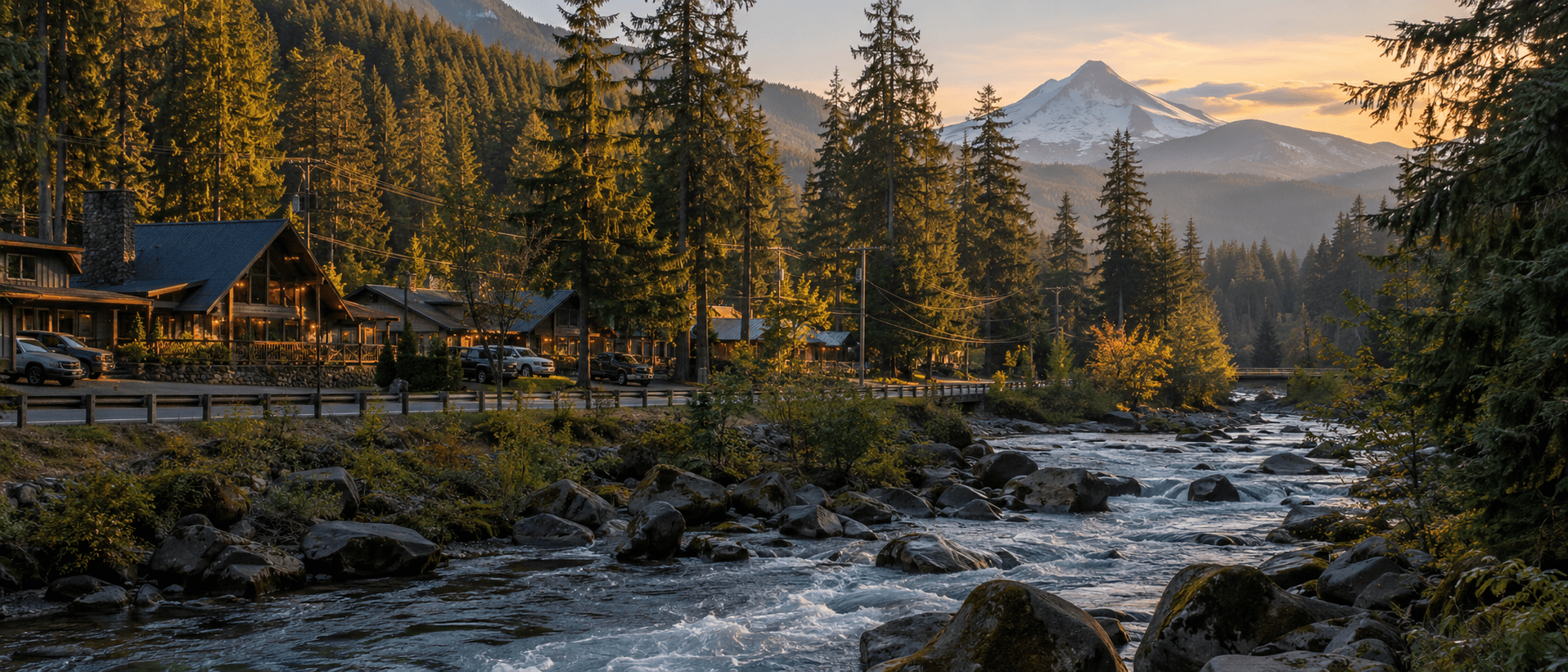 Rhododendron in the Mt Hood corridor with cabins, river, and the mountain at sunset.