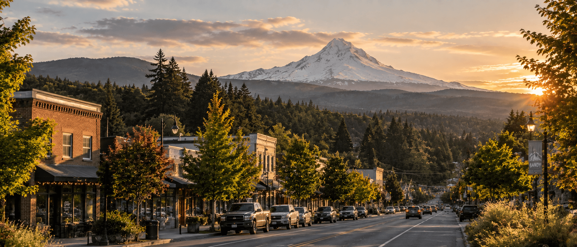 Downtown Sandy with Mt Hood framed above the main street at sunset.