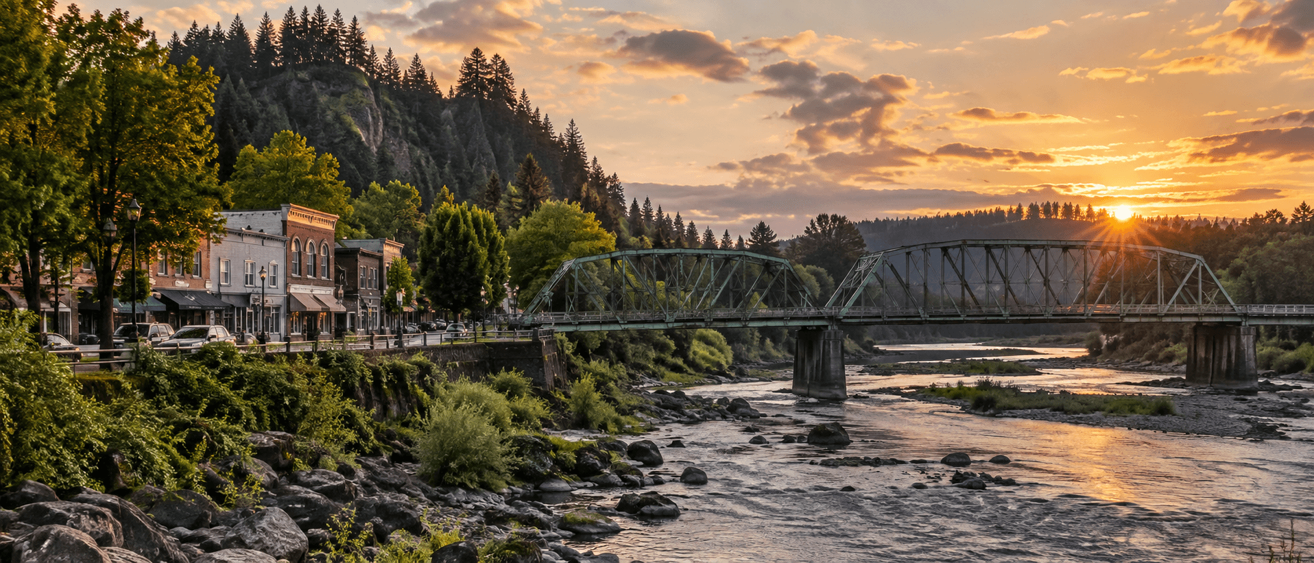 The Sandy River bridge through downtown Troutdale at golden hour.