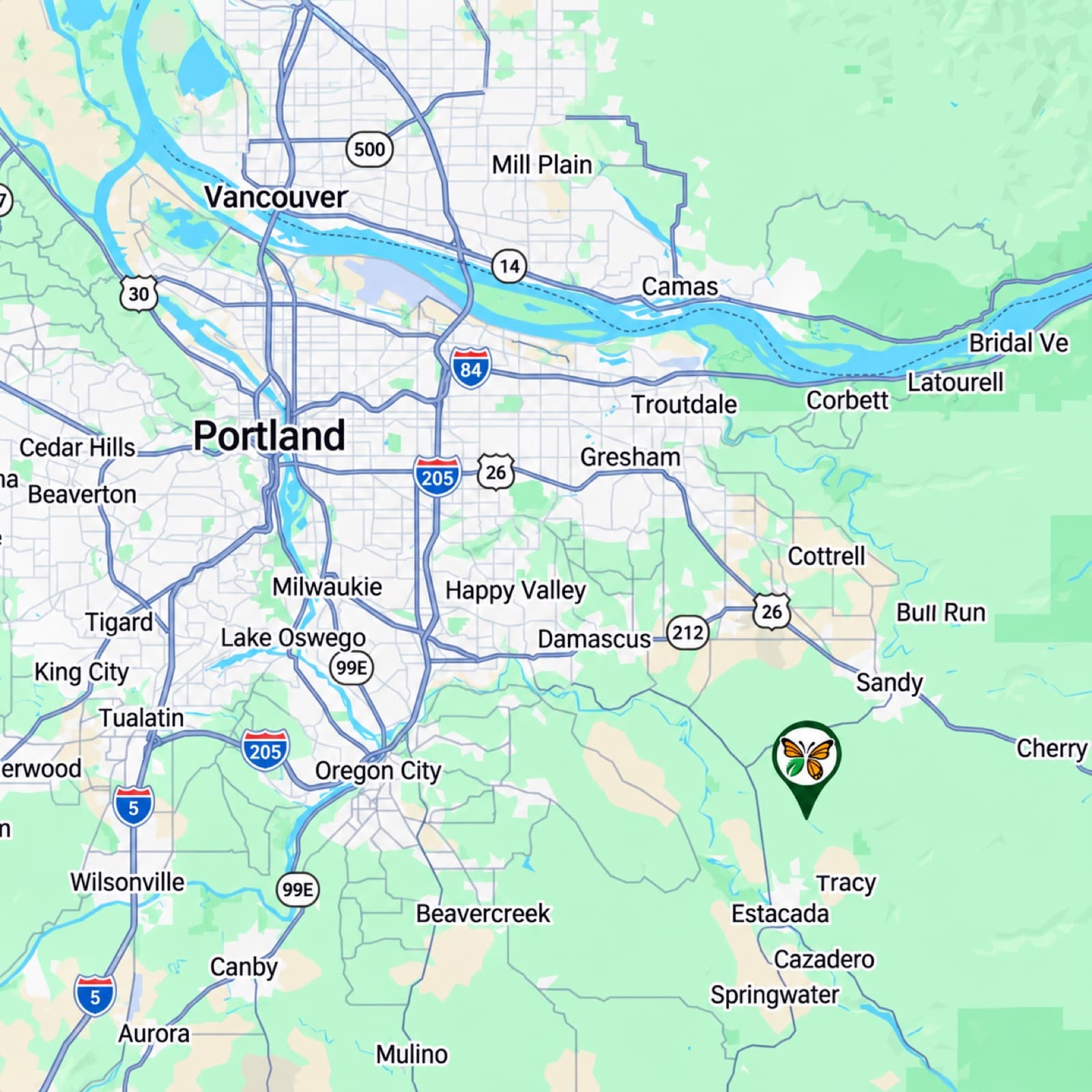 Wildwoods Pest Control service area map based in Eagle Creek, Oregon, covering Portland Metro and the Mt Hood corridor. 971-221-2226