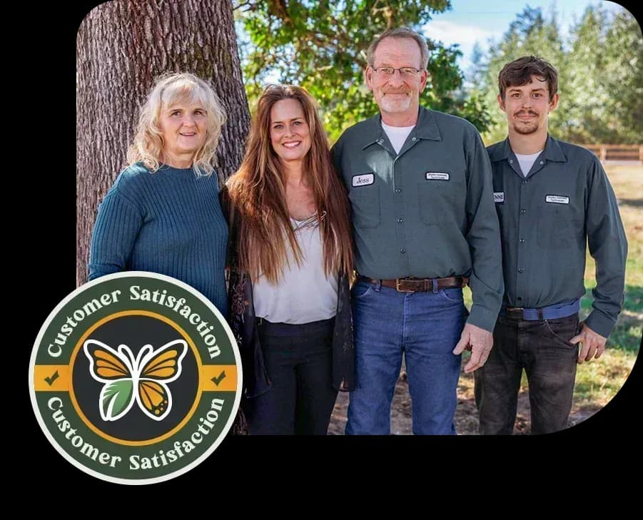 The Wildwoods Pest Control team standing together outdoors, including founders Jess and Renae McKague