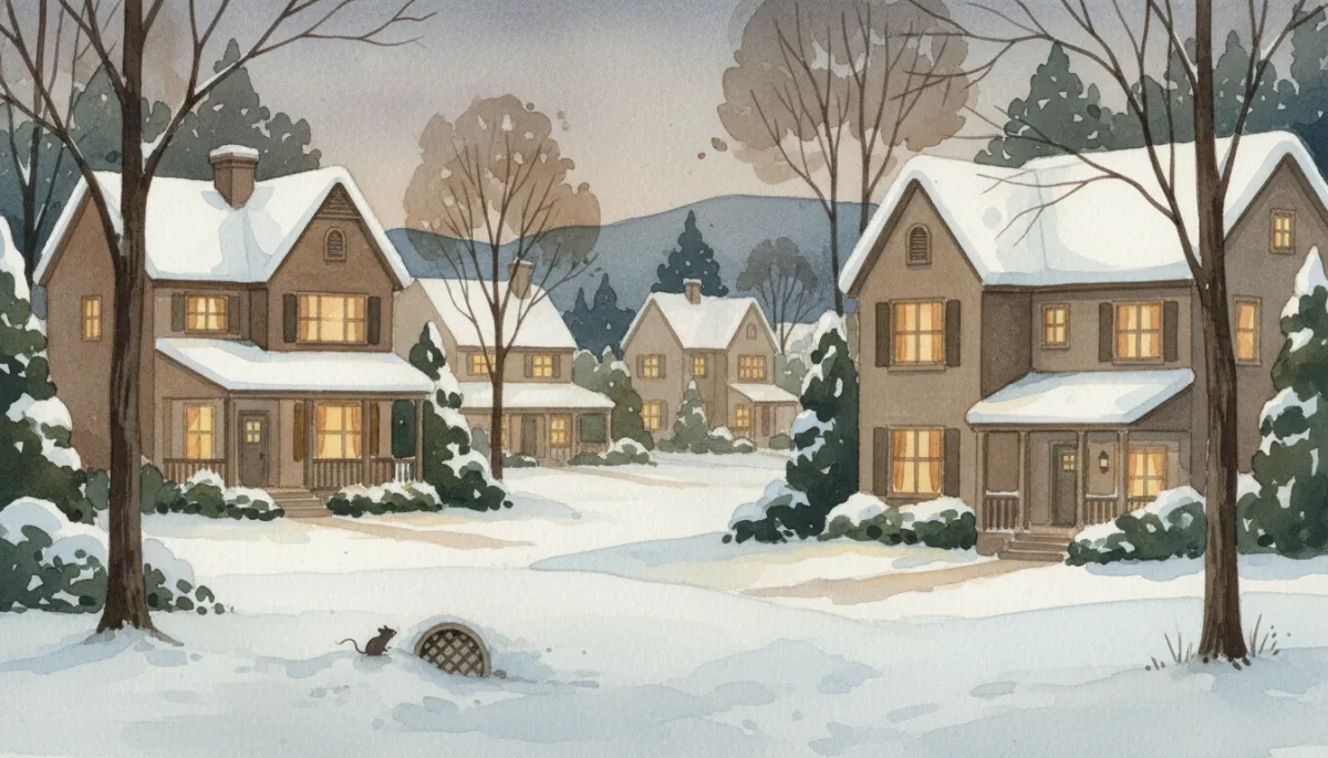 Snowy Pacific Northwest neighborhood at dusk with a rodent approaching a home foundation