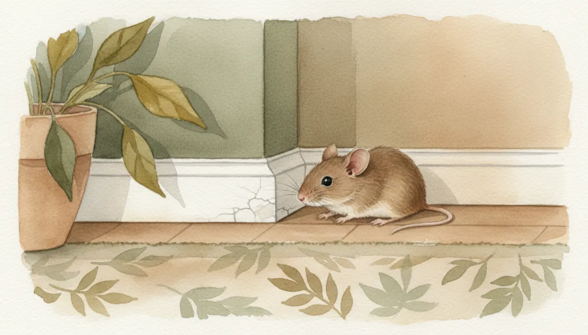 Watercolor illustration of a mouse next to a cracked baseboard beside a potted plant